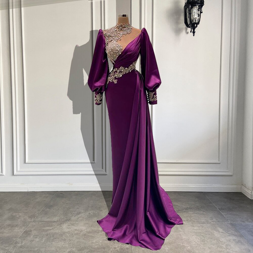 Beaded Crystals Purple Satin Women Formal Evening Party Gowns - LiveTrendsX