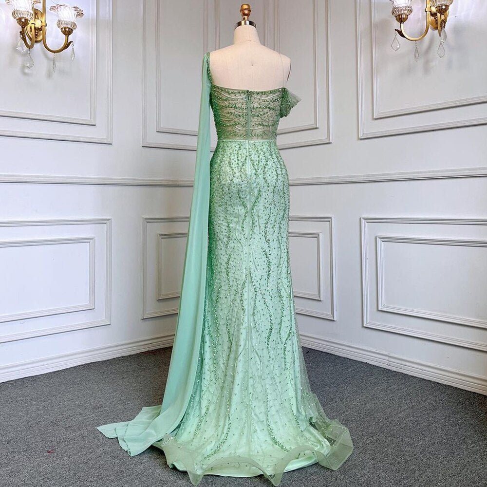 Luxury One Shoulder Satin Beaded Evening Dress Emerald Green Mermaid Prom Dress