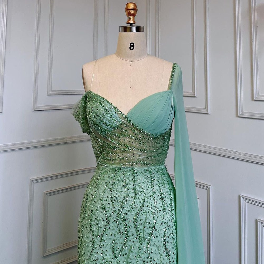 Beaded One Shoulder Mint Mermaid Luxury Evening Dresses Gowns Elegant - LiveTrendsX