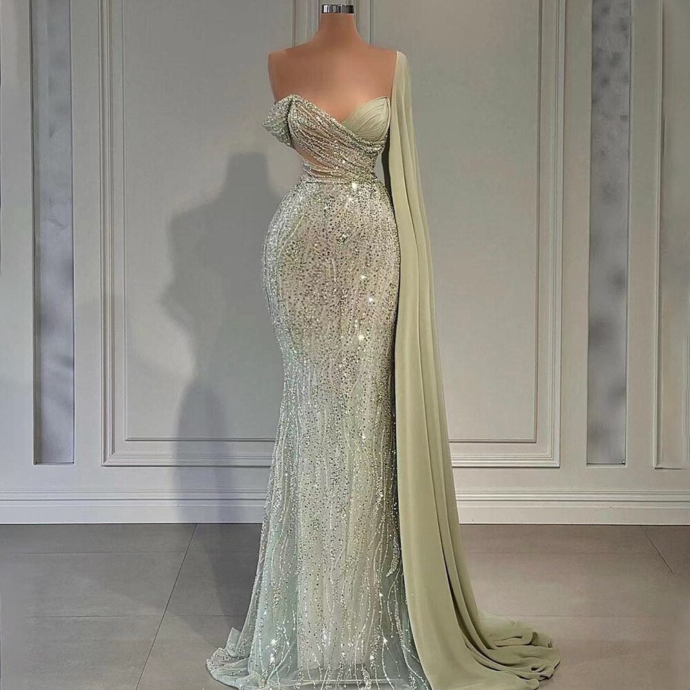 Beaded One Shoulder Mint Mermaid Luxury Evening Dresses Gowns Elegant - LiveTrendsX