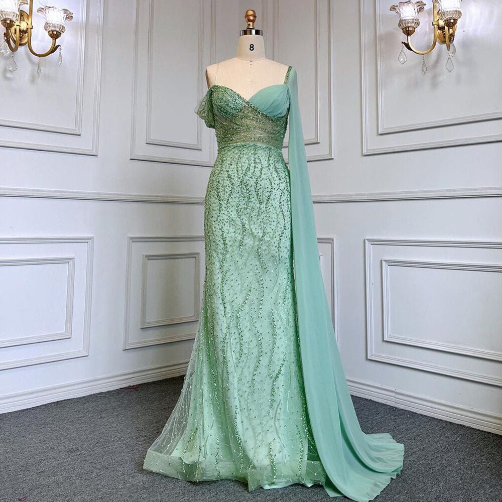 Beaded One Shoulder Mint Mermaid Luxury Evening Dresses Gowns Elegant - LiveTrendsX
