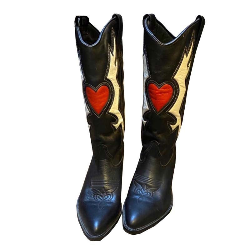 Black and White Color Matching Pointed Denim High - heeled Boots - LiveTrendsX