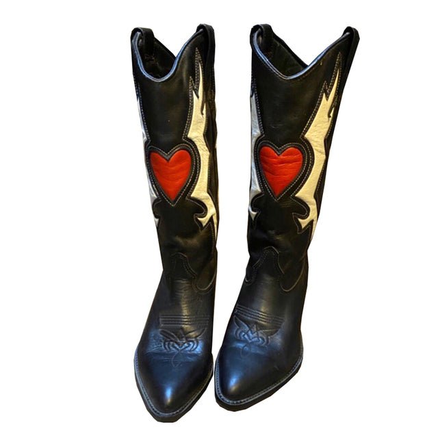 Black and White Color Matching Pointed Denim High - heeled Boots - LiveTrendsX