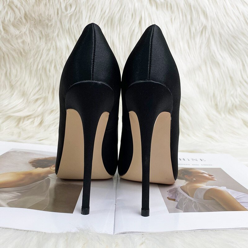 Black satin bow pointed 12 cm heel peep - toe heels pumps - LiveTrendsX
