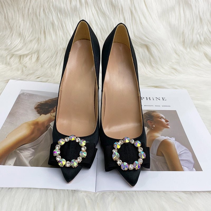 Black satin bow pointed 12 cm heel peep - toe heels pumps - LiveTrendsX