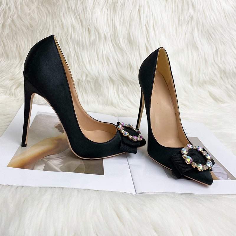 Black satin bow pointed 12 cm heel peep - toe heels pumps - LiveTrendsX