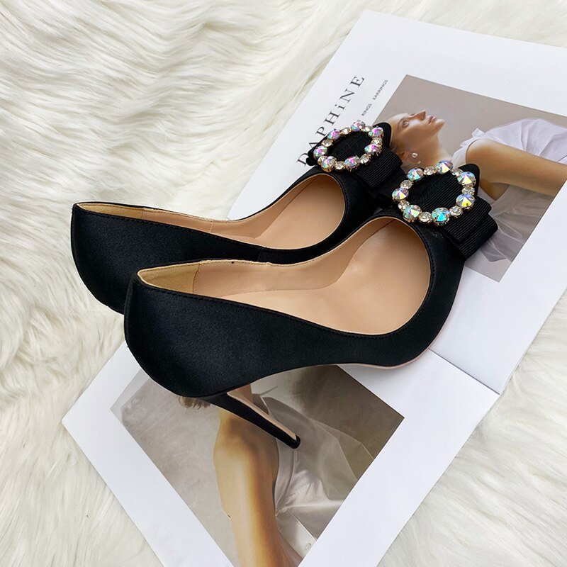 Black satin bow pointed 12 cm heel peep - toe heels pumps - LiveTrendsX