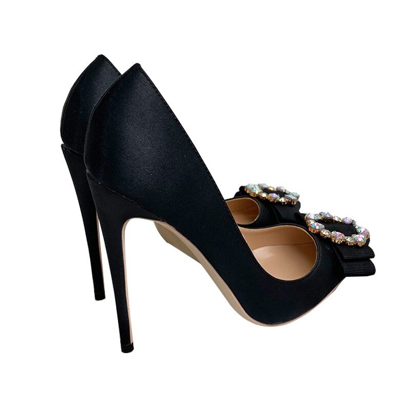 Black satin bow pointed 12 cm heel peep - toe heels pumps - LiveTrendsX