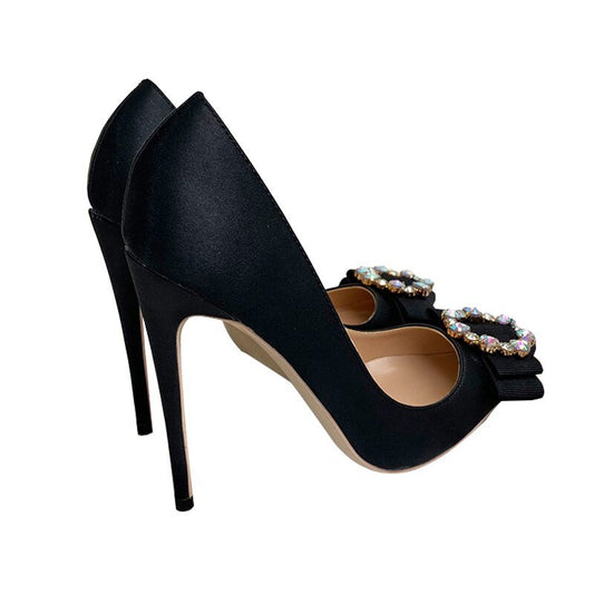 Black satin bow pointed 12 cm heel peep - toe heels pumps - LiveTrendsX