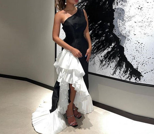 Black White Mermaid Evening Dresses One Shoulder Ruffles - LiveTrendsX