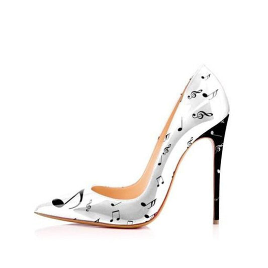 Black White Music Notation 12cm High Heels Woman Pumps - LiveTrendsX