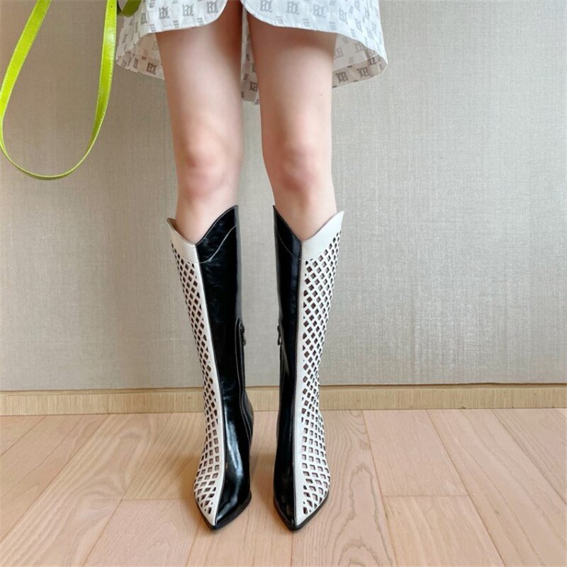 Black White Zipper Pointed Toe Net Boots Women Hole Shoes - LiveTrendsX