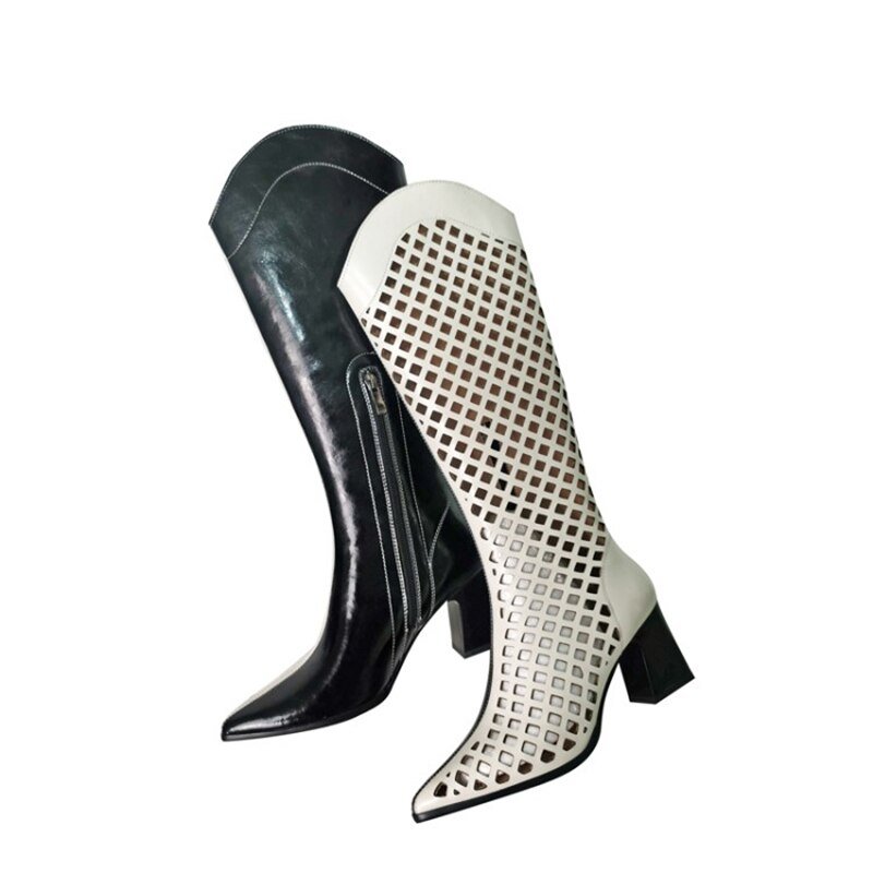 Black White Zipper Pointed Toe Net Boots Women Hole Shoes - LiveTrendsX