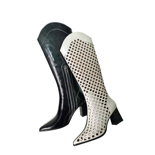 Black White Zipper Pointed Toe Net Boots Women Hole Shoes - LiveTrendsX