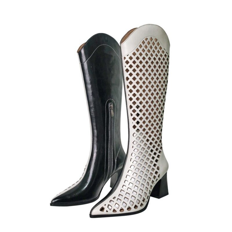 Black White Zipper Pointed Toe Net Boots Women Hole Shoes - LiveTrendsX