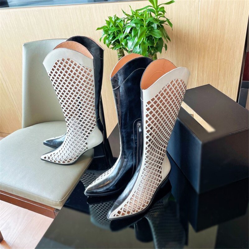 Black White Zipper Pointed Toe Net Boots Women Hole Shoes - LiveTrendsX