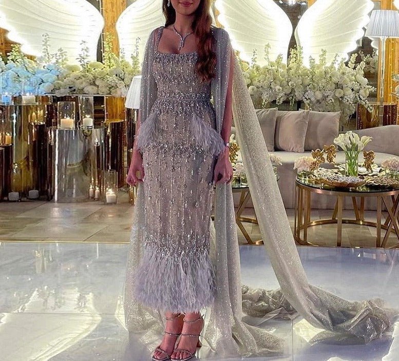 Bling Gray Mermaid Arabic Evening Dress with Cape - LiveTrendsX