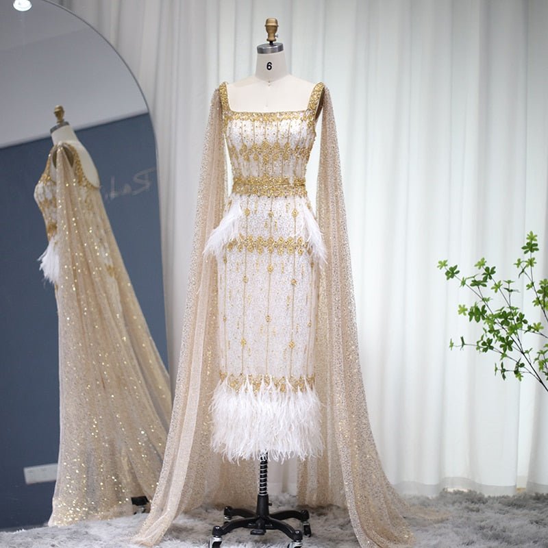 Bling Gray Mermaid Arabic Evening Dress with Cape - LiveTrendsX