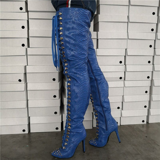 Blue Snake Prints Lace - Up Rivets Design Women Winter Thigh High Boots - LiveTrendsX