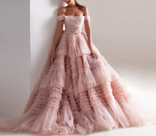 Blush Pink Off Shoulder Ruffles Evening Dress - LiveTrendsX