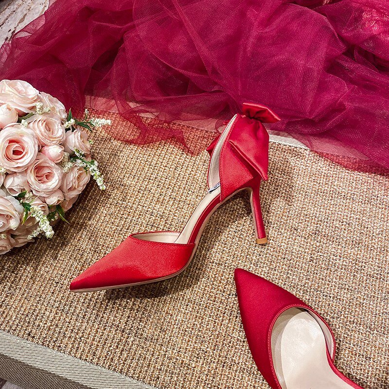 Bow satin sandals bride pearl white pointed wedding shoes - LiveTrendsX