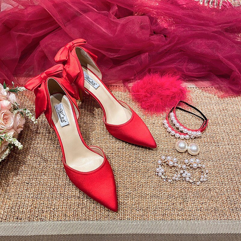 Bow satin sandals bride pearl white pointed wedding shoes - LiveTrendsX
