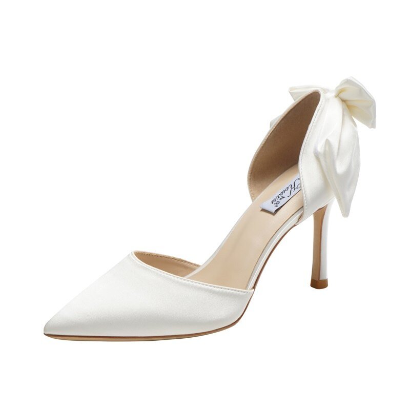 Bow satin sandals bride pearl white pointed wedding shoes - LiveTrendsX