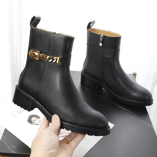 Cow Leather Metal Chain Chelsea Boots Women Chunky Shoes - LiveTrendsX