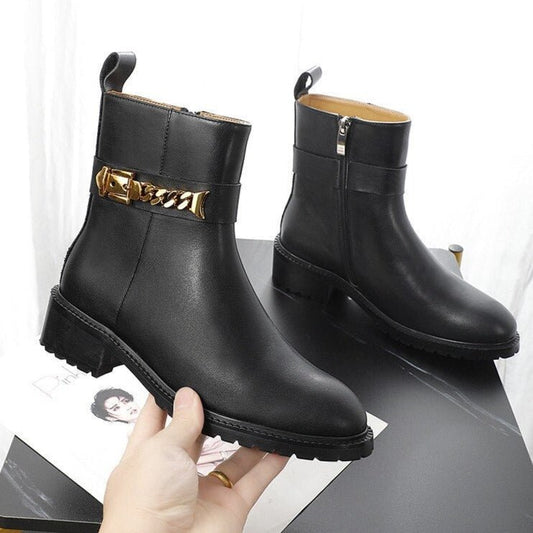 Cow Leather Metal Chain Chelsea Boots Women Chunky Shoes - LiveTrendsX