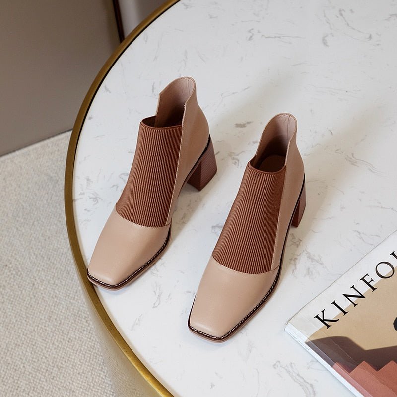 Cowhide upper ankle boots women paneled stretch ankle boots - LiveTrendsX