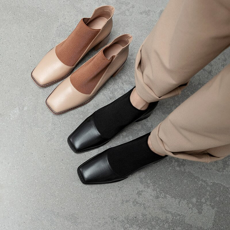 Cowhide upper ankle boots women paneled stretch ankle boots - LiveTrendsX