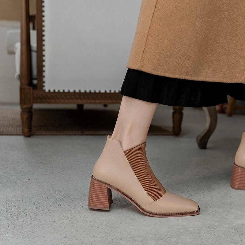 Cowhide upper ankle boots women paneled stretch ankle boots - LiveTrendsX