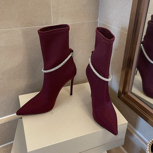 Crystal Strap Party Strip Shoes Women Pointed Toe Short Boots - LiveTrendsX