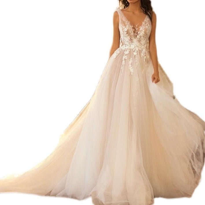 Deep V Neck Elegant Lace Small Tail French Wedding Dress - LiveTrendsX