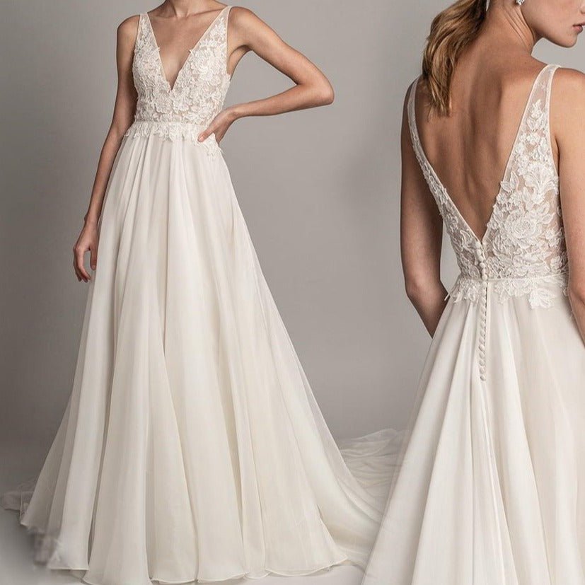 Deep V Neck Lace Dress Wedding Dress - LiveTrendsX