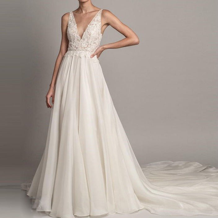 Deep V Neck Lace Dress Wedding Dress - LiveTrendsX