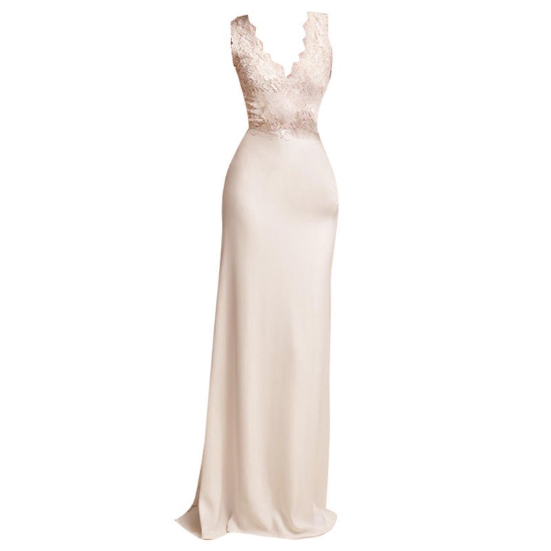 Deep V neck Lace Satin Wedding Dress - LiveTrendsX