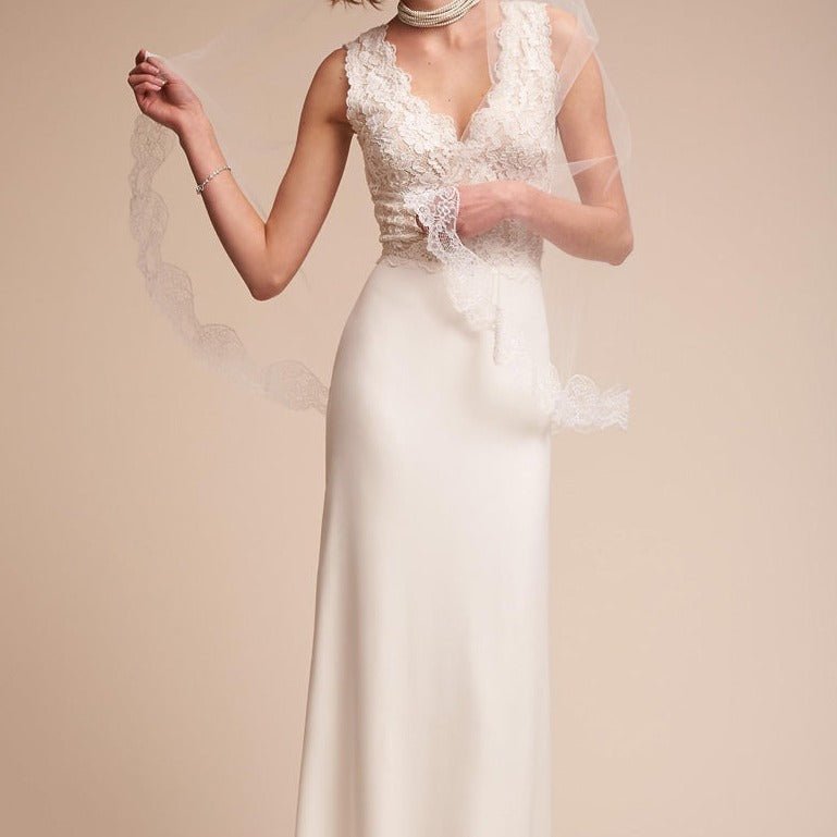 Deep V neck Lace Satin Wedding Dress - LiveTrendsX