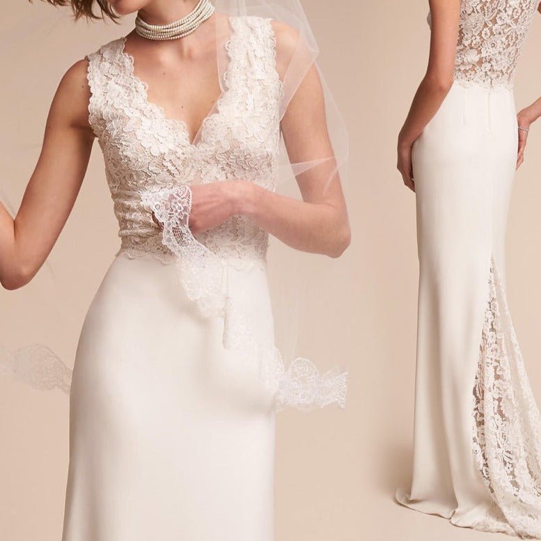 Deep V neck Lace Satin Wedding Dress - LiveTrendsX