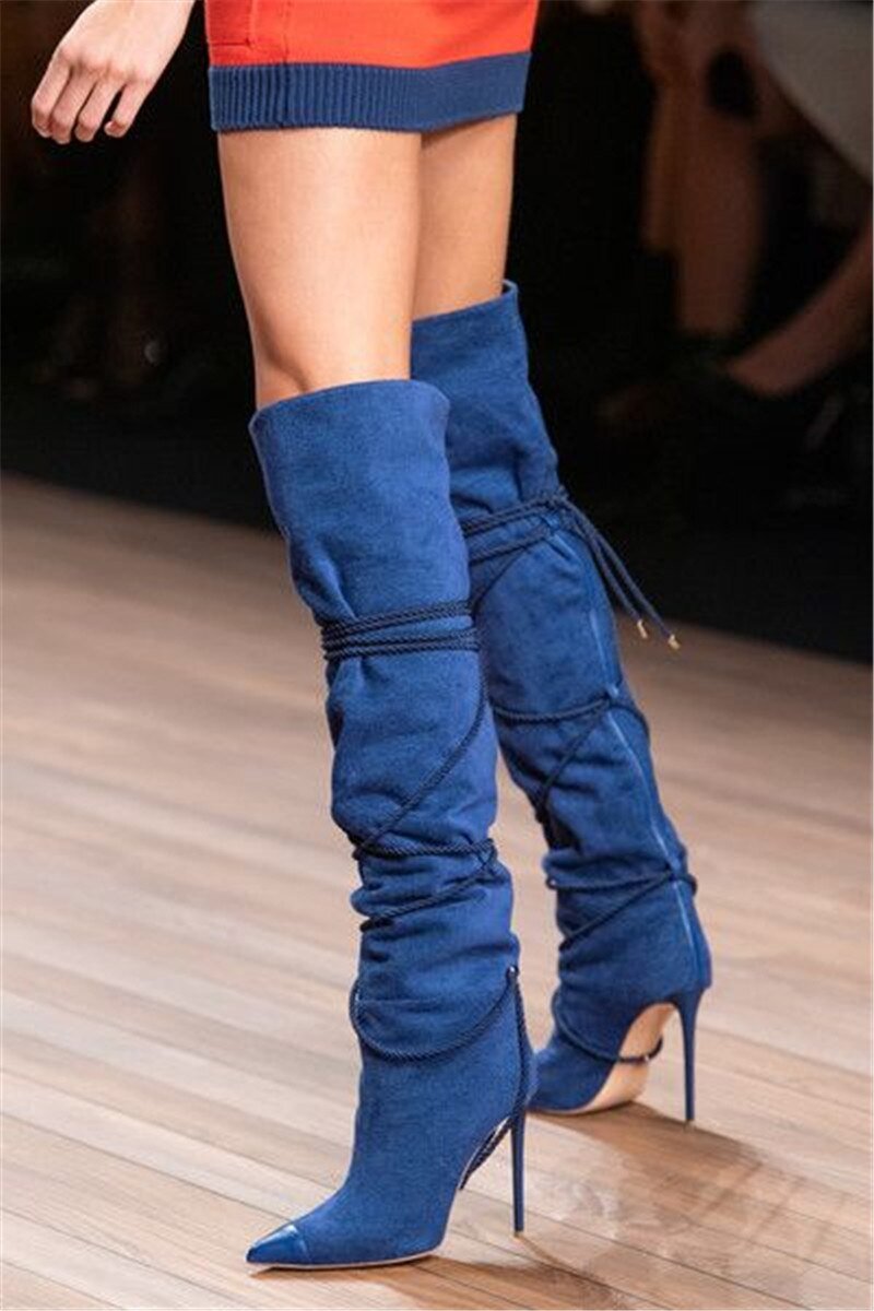 Denim Blue Cross - tied Cowboy Boots Women Pointed Toe Over knee Boots - LiveTrendsX