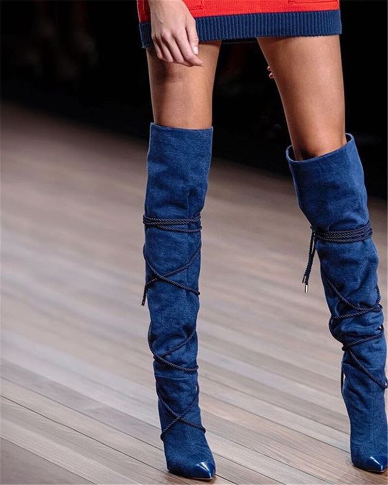 Denim Blue Cross - tied Cowboy Boots Women Pointed Toe Over knee Boots - LiveTrendsX