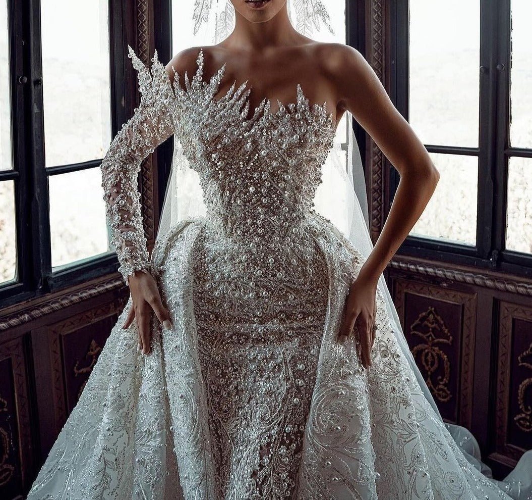 Detachable Train Lace Beading Trumpet Bridal Dress - LiveTrendsX