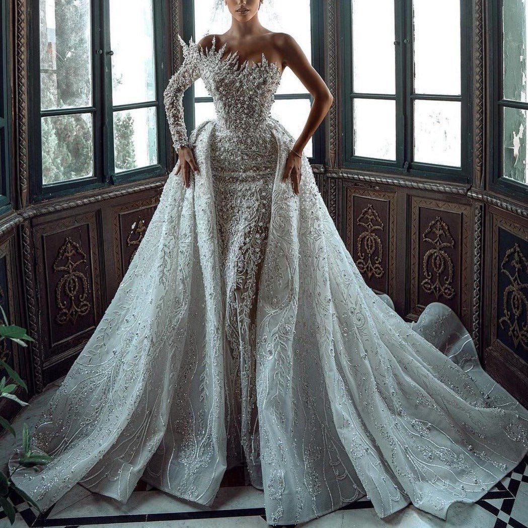 Detachable Train Lace Beading Trumpet Bridal Dress - LiveTrendsX