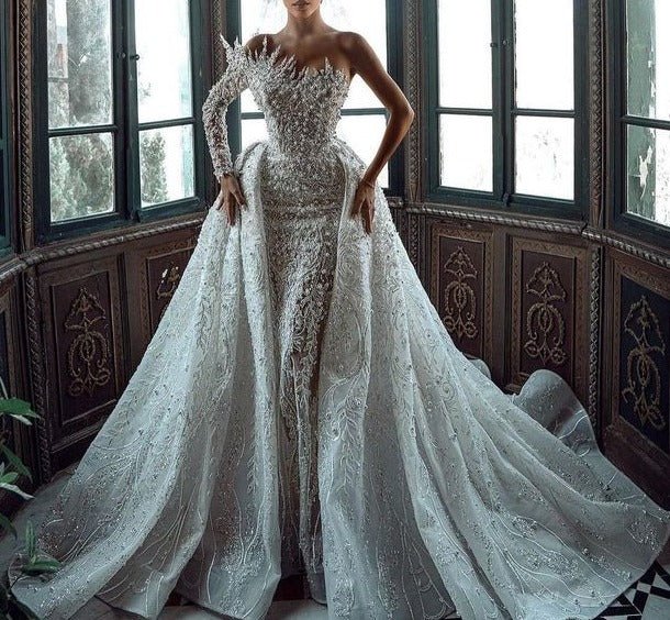 Detachable Train Lace Beading Trumpet Bridal Dress - LiveTrendsX