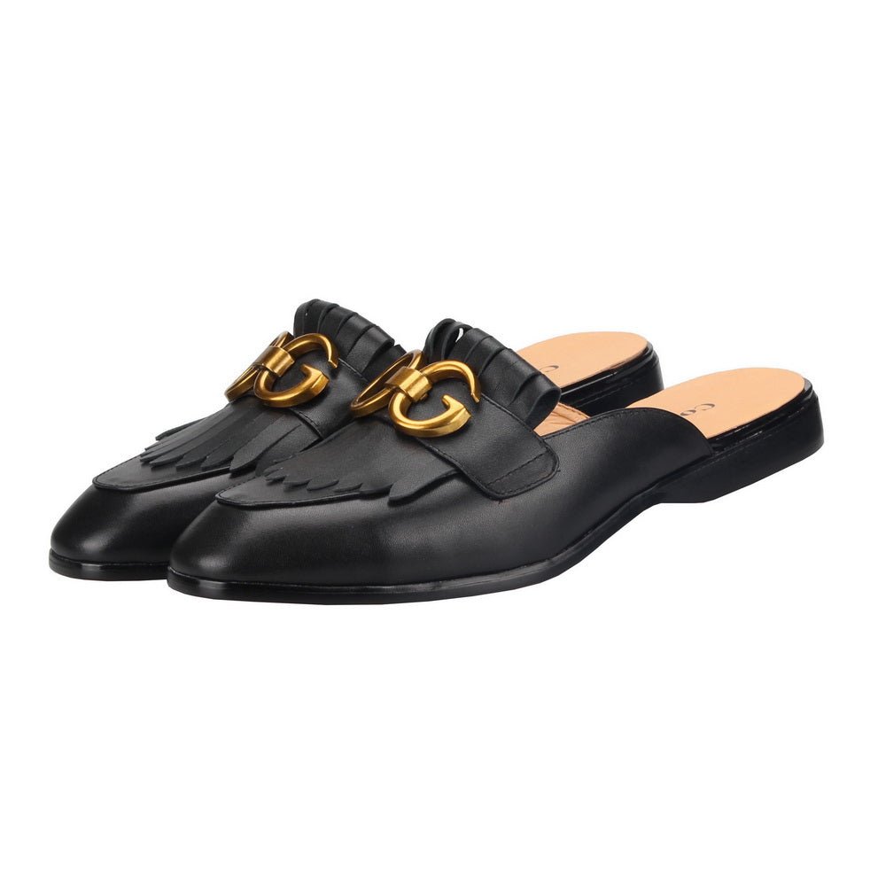 Double G Black Patent leather Loafers Men&#39;s Mules Slippers Backless Slip - On Flats sandals Handmade Party Casual Shoes - LiveTrendsX