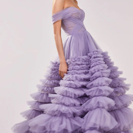 Elegant Off Shoulder Ball Gown Lilac Evening Dresses - LiveTrendsX