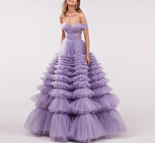 Elegant Off Shoulder Ball Gown Lilac Evening Dresses - LiveTrendsX