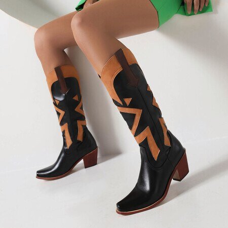 Embroidered Chunky Heel Boots Western Cowboy Boots - LiveTrendsX