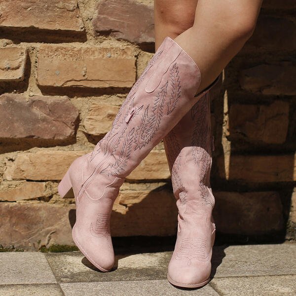 Embroidered Chunky Heel Women's Wide Calf Pink Boots - LiveTrendsX