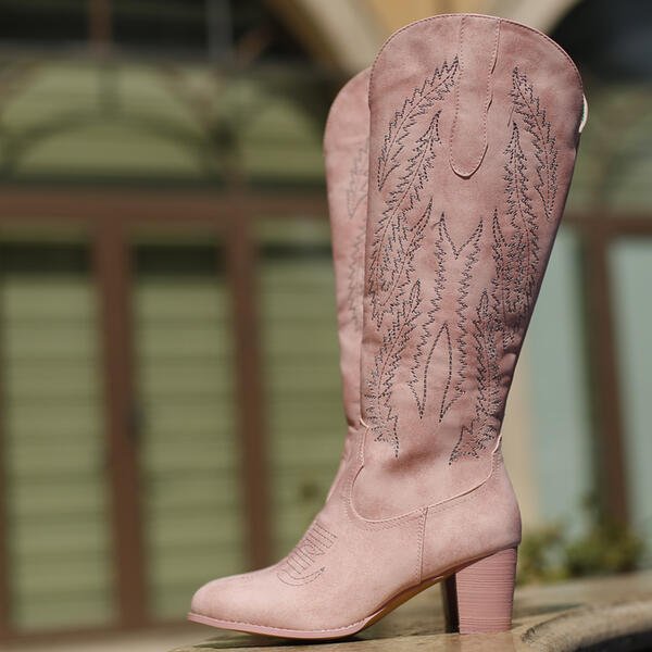 Embroidered Chunky Heel Women's Wide Calf Pink Boots - LiveTrendsX